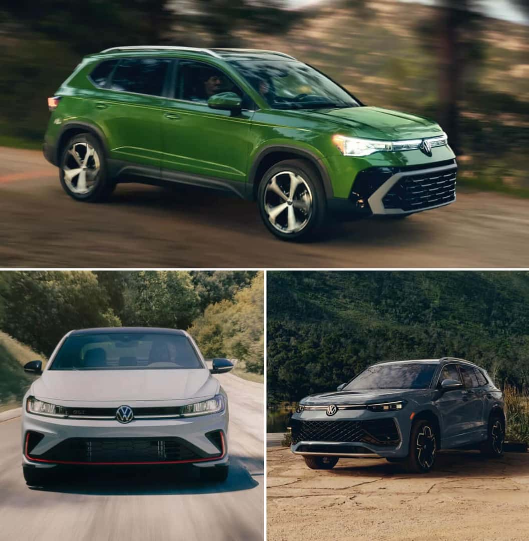 Exterior views of a green VW Taos, light gray Jetta GLI and a dark gray Tiguan R-Line Turbo from various angles.