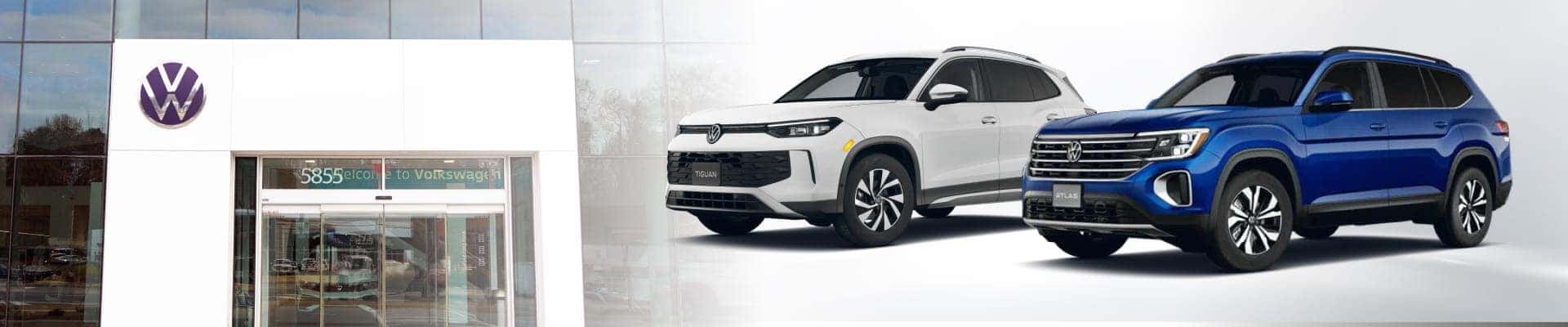 Volkswagen dealership exterior alongside a white Tiguan and blue Atlas displayed against a clean white background.