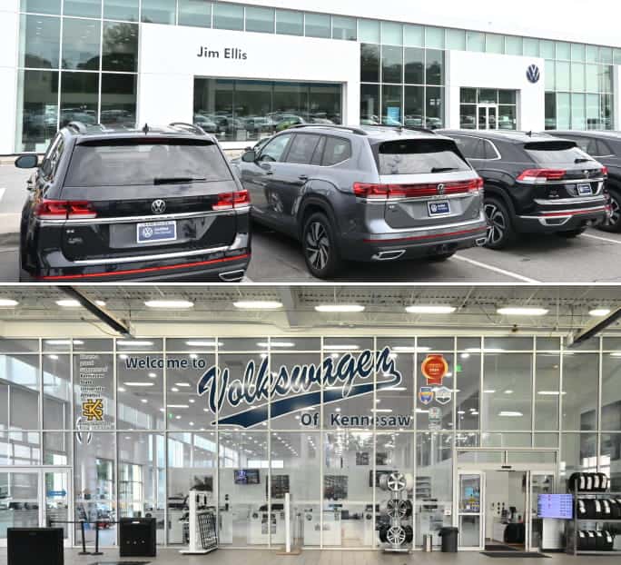 Exterior view of a Volkswagen dealership with several SUVs parked in front, followed by an interior view of the showroom featuring a Volkswagen sign, vehicle displays, and accessories.
