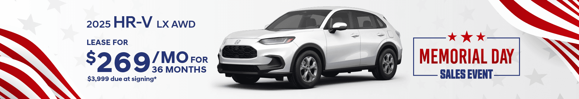 2025 HR-V LX AWD: Lease for $269 per month for 36 months with $3,999 due at signing