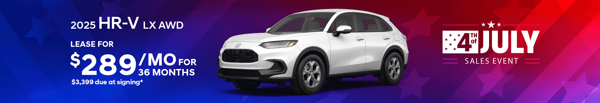 2025 HR-V LX AWD: Lease for $289 per month for 36 months with $3,399 due at signing