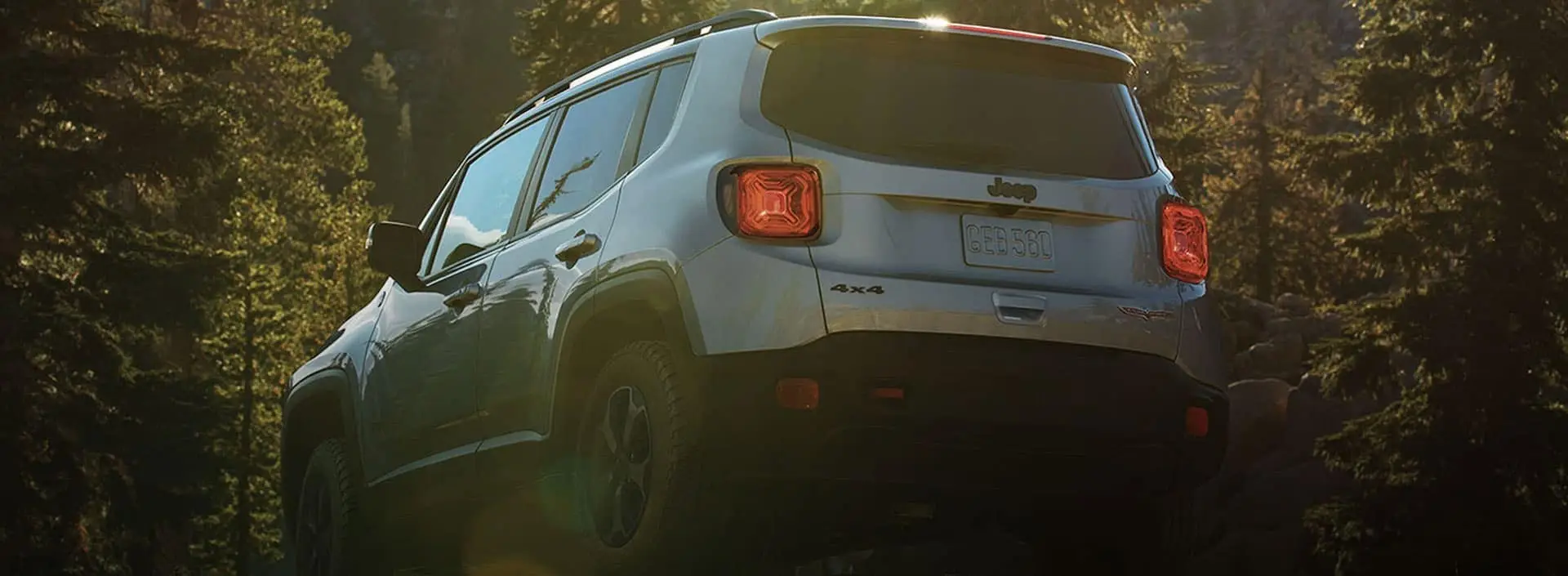 Silver Jeep Renegade amongst a forest of pine trees