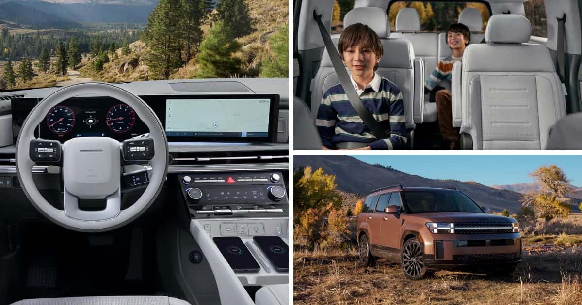 Dual 12.3-inch display, up to 7 passenger-seating, and boxy upright design in the 2026 Santa Fe