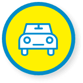 car icon outlined in blue with yellow circle in background with blue border