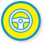 steering wheel icon outlined in blue with yellow circle in background with blue border
