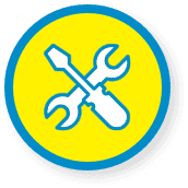 wrench and screw driver icon outlined in blue with yellow circle in background with blue border