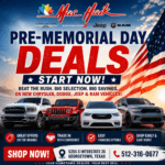 Shop Pre-Memorial Day deals on new Chrysler, Dodge, Jeep, RAM, Wagoneer, used cars, trucks, SUVs, trade-ins, financing, and service in Georgetown TX.
