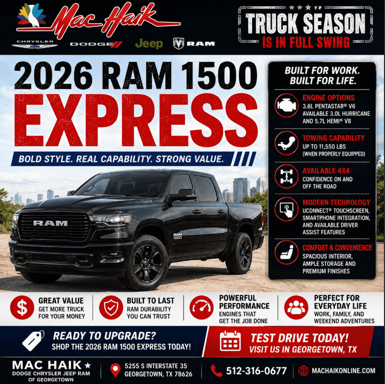 2026 RAM 1500 Express features and engine at Mac Haik Dodge Chrysler Jeep Ram of Georgetown