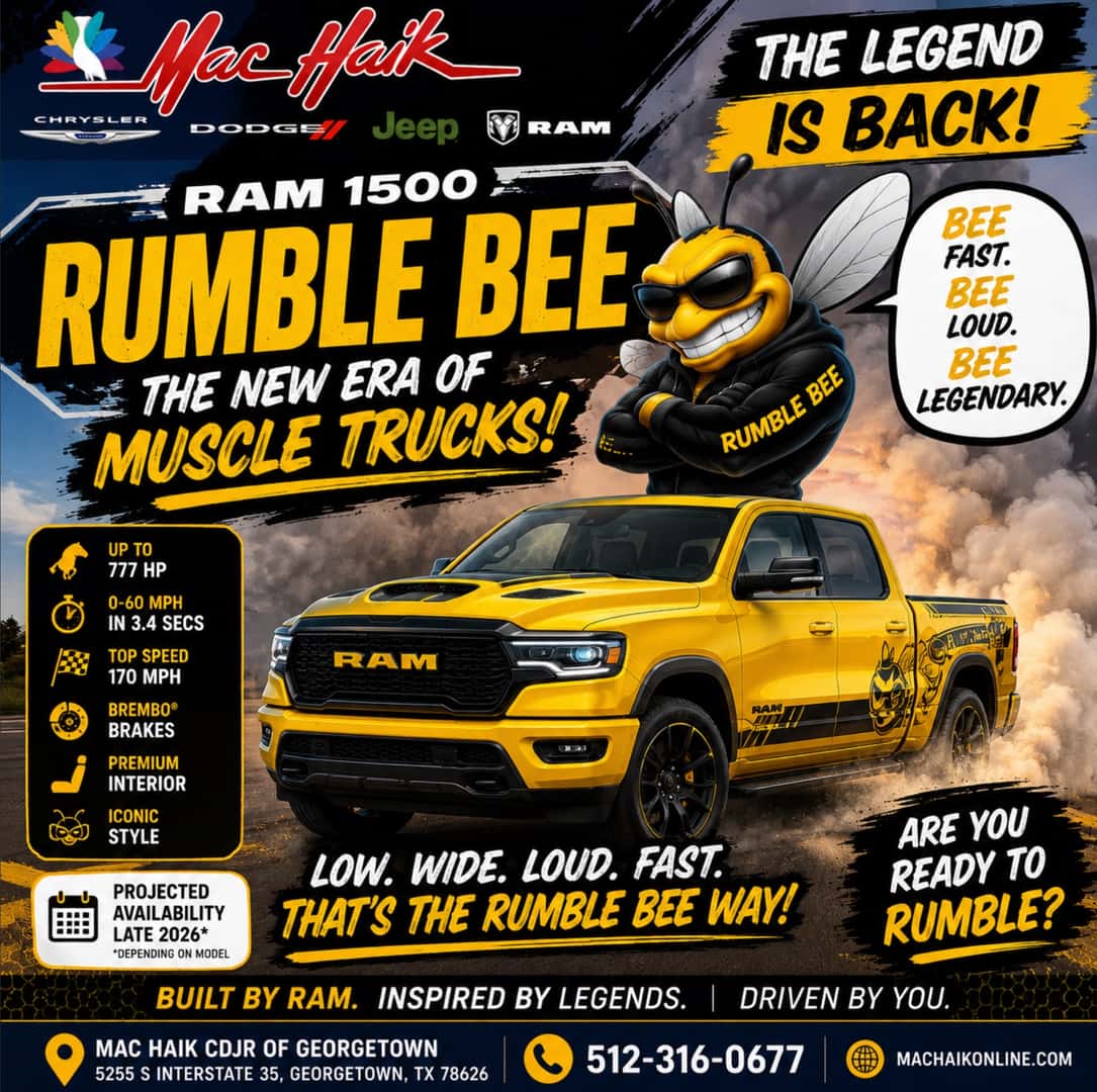 Ram 1500 Rumble Bee muscle truck information at Mac Haik Dodge Chrysler Jeep Ram of Georgetown