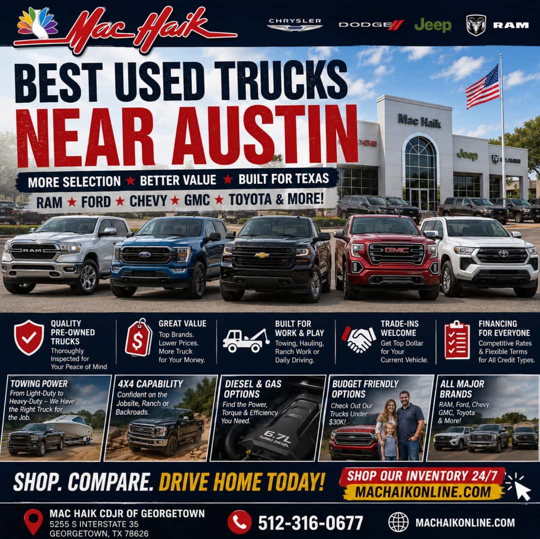 Best Used Trucks Near Austin RAM • Ford • Chevy • GMC • Toyota Work • Towing • Value Mac Haik Dodge Chrysler Jeep Ram of Georgetown