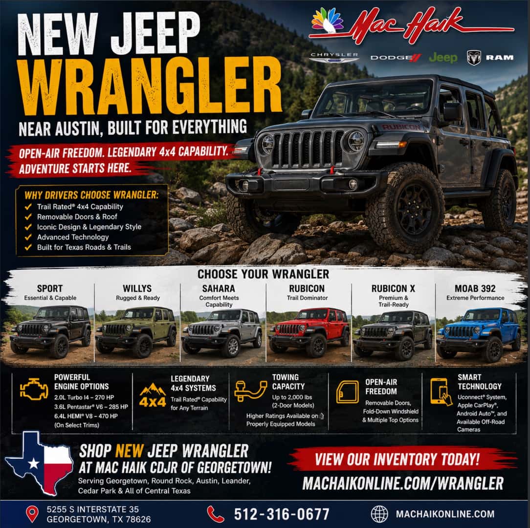 New Jeep Wrangler Near Austin Sport • Willys • Sahara • Rubicon Open-Air Freedom • 4x4 Capability Mac Haik Dodge Chrysler Jeep Ram of Georgetown