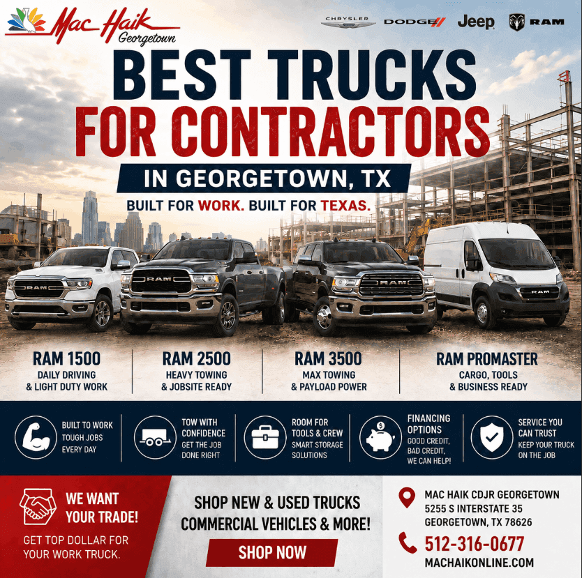 Best Trucks for Contractors RAM 1500 • RAM 2500 • RAM 3500 • Commercial Work • Towing • Payload • Business Mac Haik Dodge Chrysler Jeep Ram of Georgetown