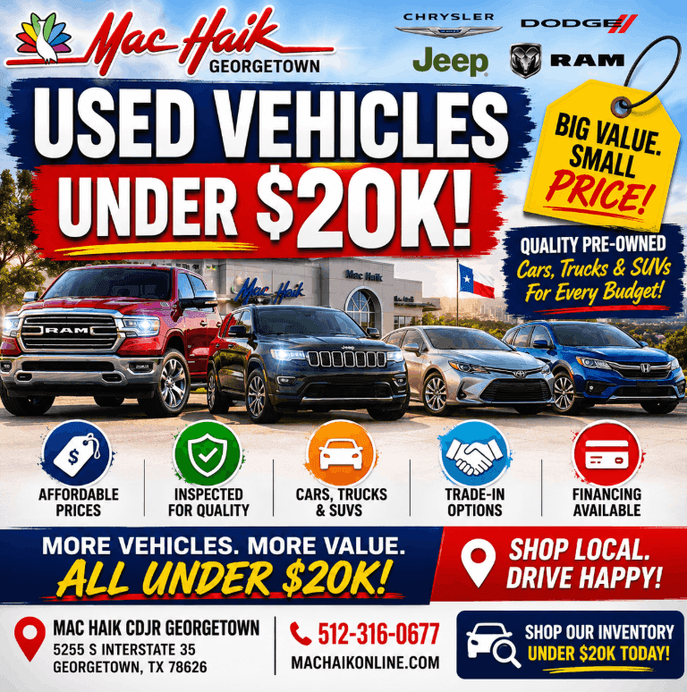 Used Vehicles Under $20K Cars • Trucks • SUVs • Budget-Friendly Options Mac Haik Dodge Chrysler Jeep Ram of Georgetown