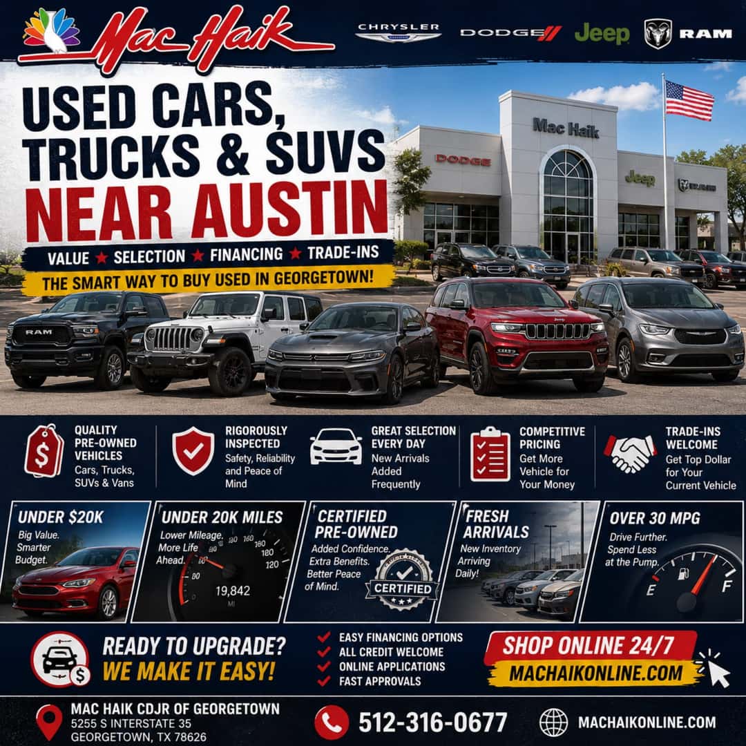 Used cars trucks and SUVs near Austin at Mac Haik Dodge Chrysler Jeep Ram of GeorgetownUsed Cars, Trucks & SUVs Near Austin Value • Selection • Financing • Trade-Ins Mac Haik Dodge Chrysler Jeep Ram of Georgetown