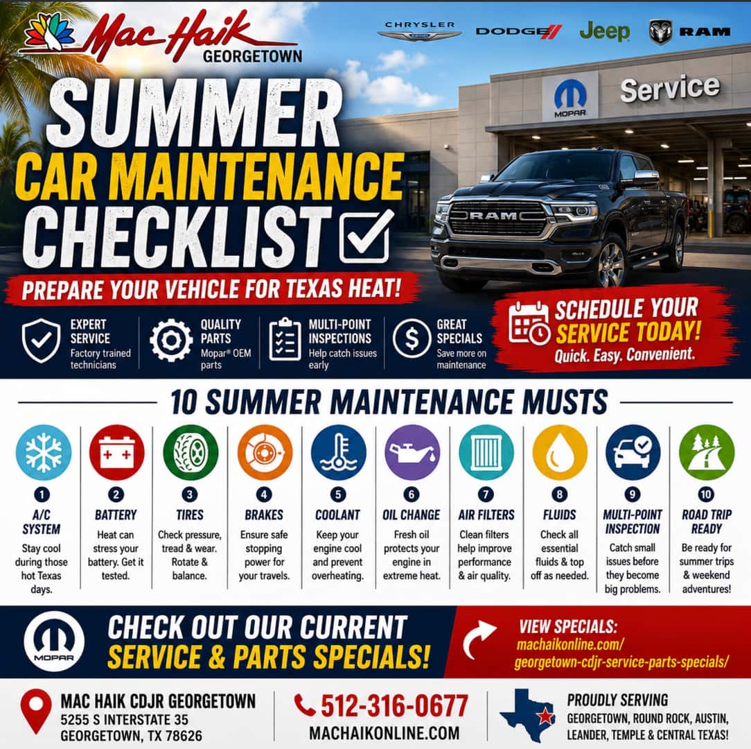 summer car maintenance, car AC service near Austin, battery check Georgetown TX, tire service near Austin, brake service Georgetown TX, RAM service near Austin, Jeep service Georgetown TX, Texas summer car checklist, Mopar service Georgetown
