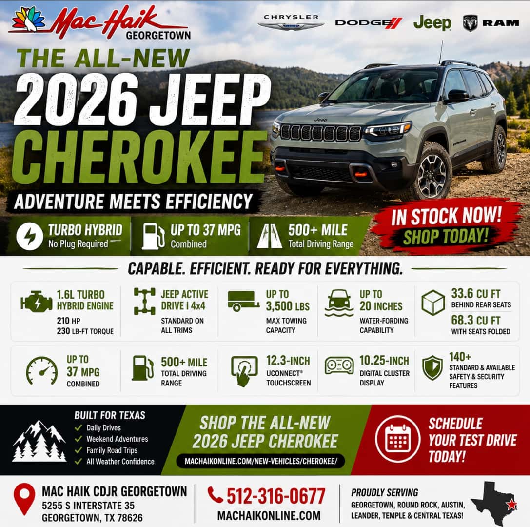 2026 Jeep Cherokee, Jeep Cherokee hybrid, Jeep Cherokee near Austin, Jeep Cherokee Georgetown TX, Jeep Cherokee MPG, Jeep Cherokee 4x4, Jeep Cherokee towing capacity, Jeep Cherokee cargo space, Jeep SUV near Austin, no plug hybrid SUV