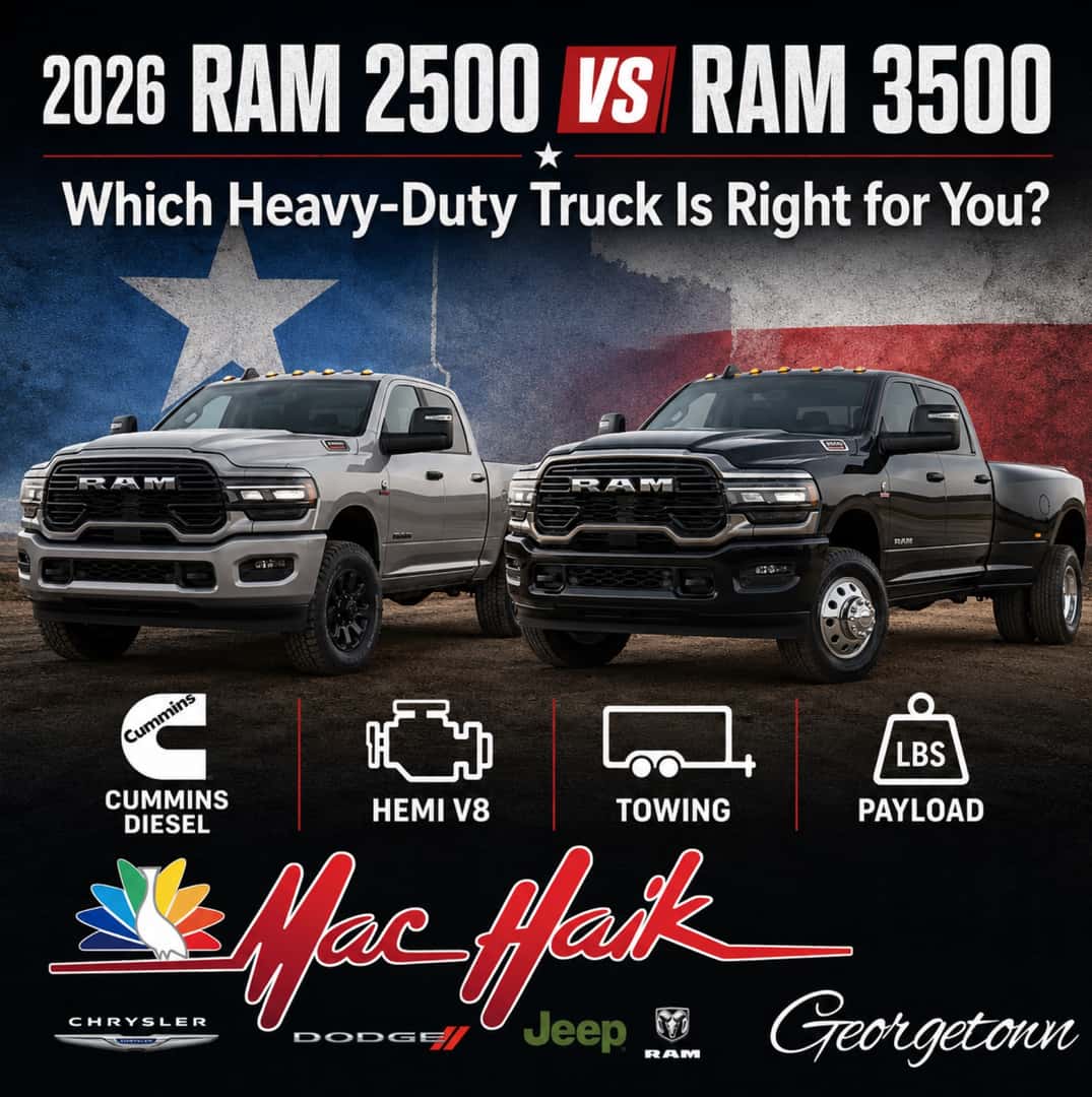 2026 RAM 2500 vs RAM 3500 Which Heavy-Duty Truck Is Right for You? Cummins Diesel • HEMI V8 • Towing • Payload Mac Haik Dodge Chrysler Jeep Ram of Georgetown