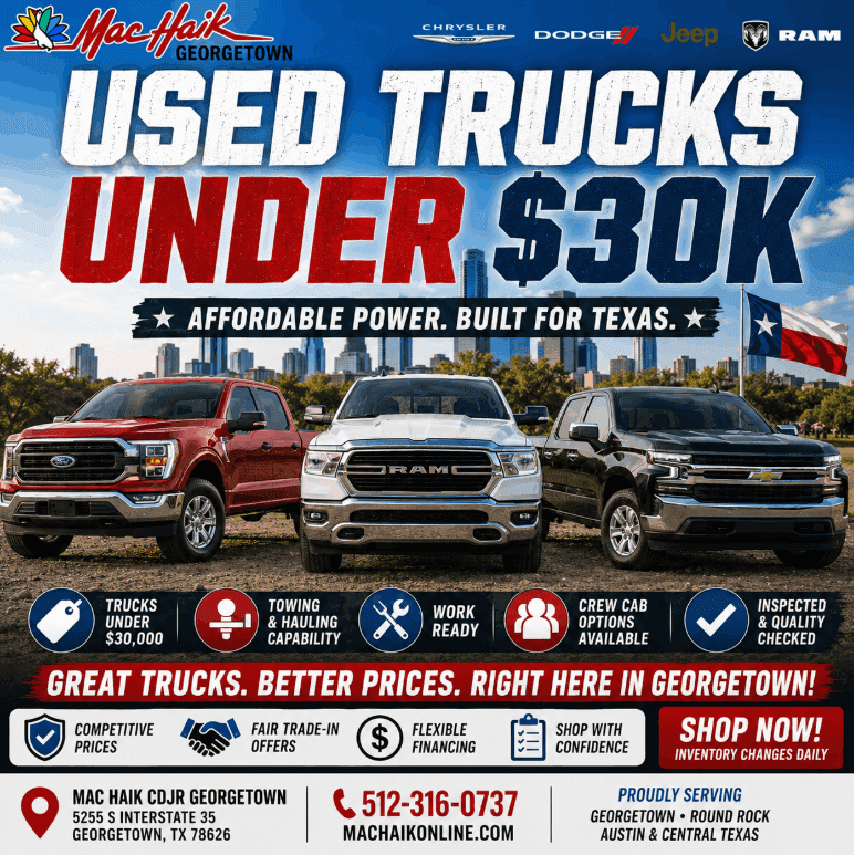 Used Trucks Under $30K Work • Towing • Daily Driving • Weekend Projects Affordable Pickups Near Austin Mac Haik Dodge Chrysler Jeep Ram of Georgetown