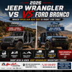 2026 Jeep Wrangler vs Ford Bronco Which Open-Air 4x4 SUV Is Right for You? Adventure • Towing • Removable Doors • Trail Capability Mac Haik Dodge Chrysler Jeep Ram of Georgetown