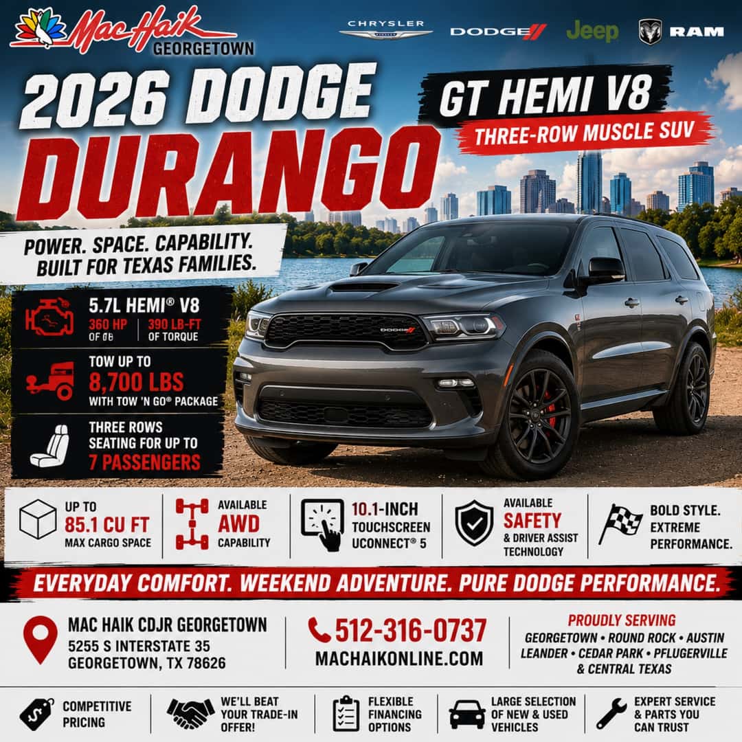 2026 Dodge Durango GT HEMI V8 Three-Row Muscle SUV 360 HP • 390 LB-FT • Up to 8,700-LB Towing Family Space • V8 Power • Texas Capability Mac Haik Dodge Chrysler Jeep Ram of Georgetown
