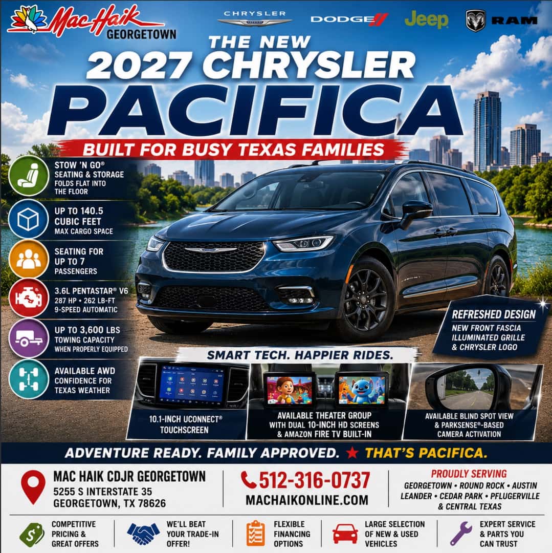 New 2027 Chrysler Pacifica Built for Busy Texas Families Stow ’n Go • Available AWD • Up to 140.5 Cu Ft Cargo Family Tech • Up to 3,600-Lb Towing Mac Haik Dodge Chrysler Jeep Ram of Georgetown