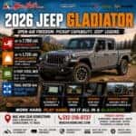 2026 Jeep Gladiator Open-Air Freedom Meets Pickup Capability Up to 7,700-Lb Towing • Up to 1,720-Lb Payload 5-Foot Steel Bed • Trail Rated 4x4 Capability Mac Haik Dodge Chrysler Jeep Ram of Georgetown
