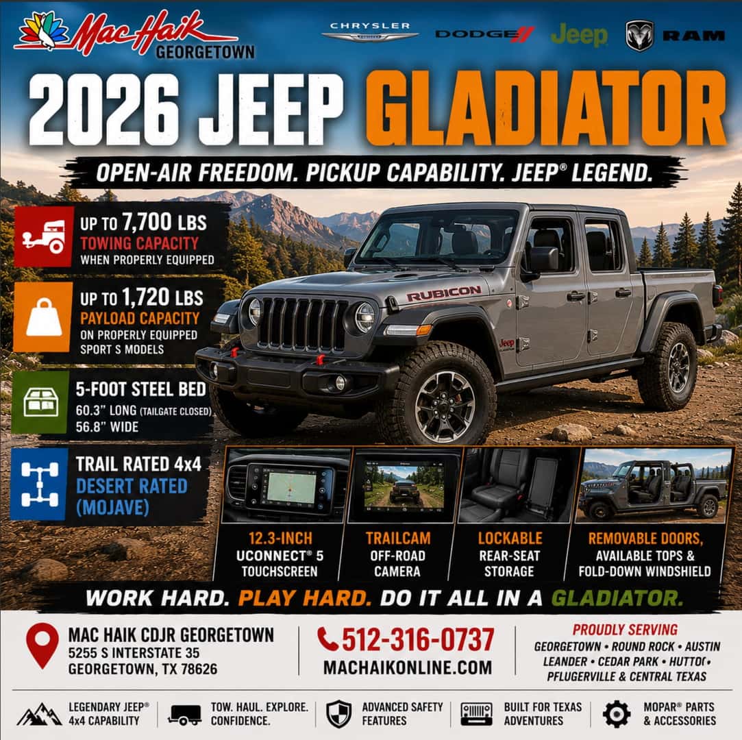 2026 Jeep Gladiator Open-Air Freedom Meets Pickup Capability Up to 7,700-Lb Towing • Up to 1,720-Lb Payload 5-Foot Steel Bed • Trail Rated 4x4 Capability Mac Haik Dodge Chrysler Jeep Ram of Georgetown