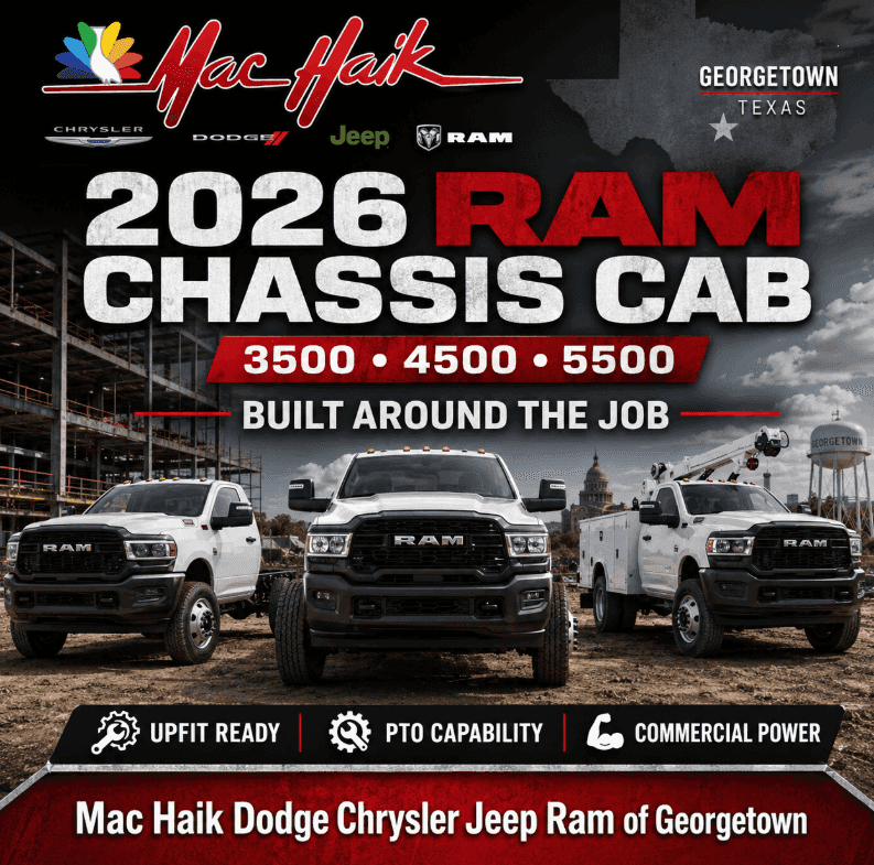 2026 RAM Chassis Cab, RAM Chassis Cab near Austin, RAM Chassis Cab Georgetown TX, RAM 3500 Chassis Cab, RAM 4500 Chassis Cab, RAM 5500 Chassis Cab, commercial truck near Austin, work truck Georgetown, flatbed truck Central Texas, utility truck near Austin, service body truck, PTO work truck, contractor truck Texas, Mac Haik CDJR Georgetown