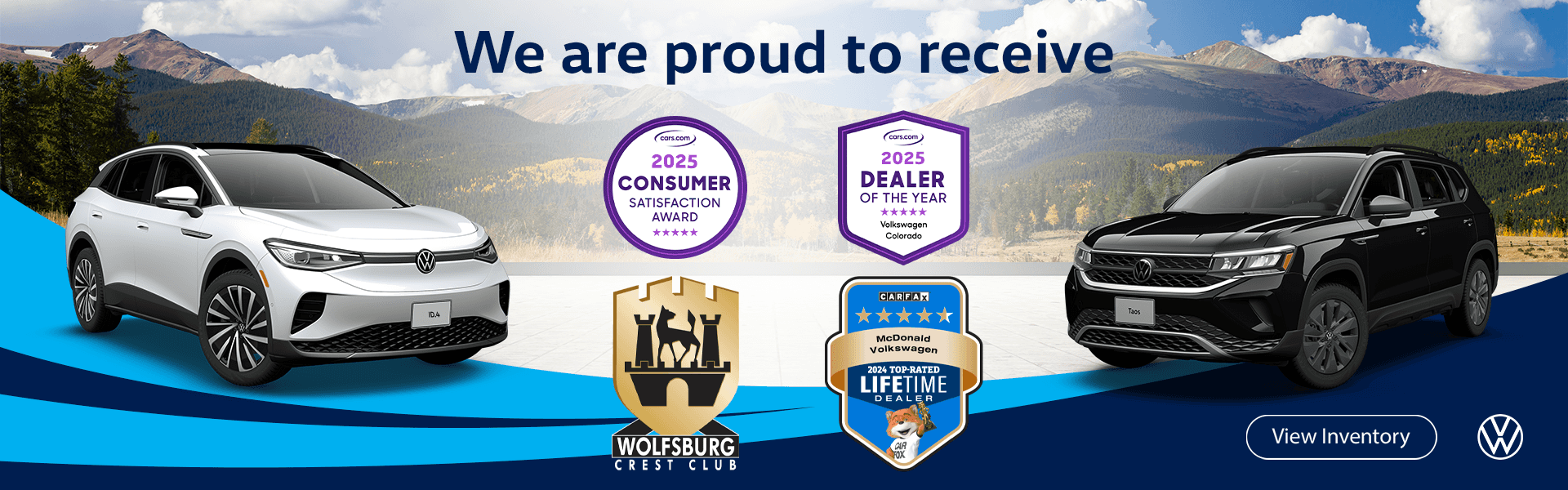 We are proud to receive Cars.com dealer of the year, Wolfsburg Crest Club, and Car Fax awards
