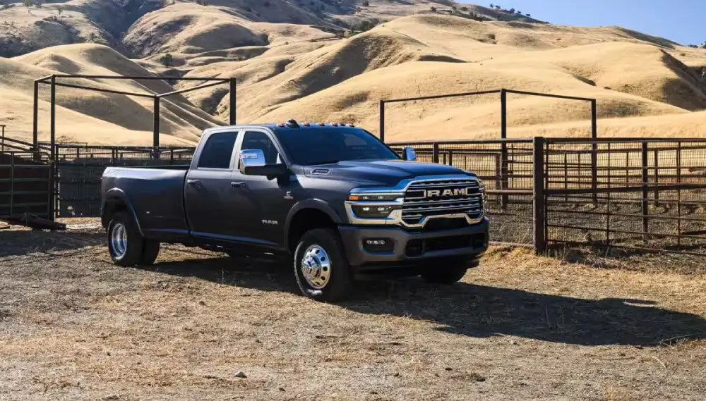 2026 Ram 3500 exterior with dual rear wheels and tow mirrors