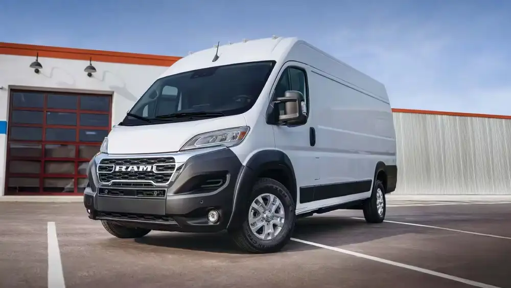 2026 Ram ProMaster EV exterior with high roof cargo body and charge port