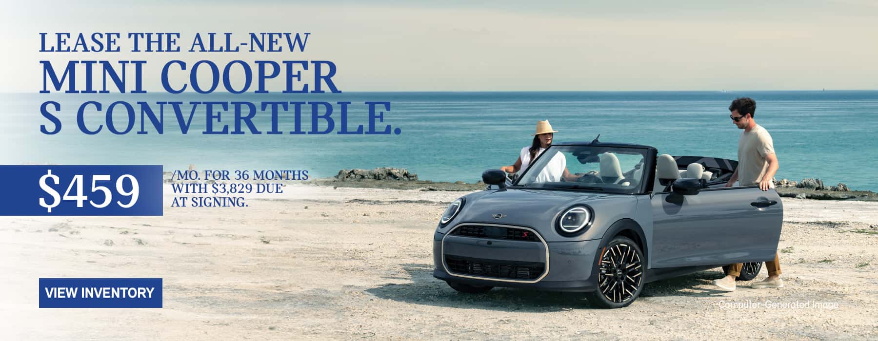 MINI Cooper S Convertible dropped top on a beach.