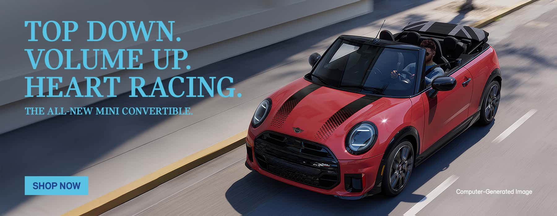 MINI JCW Convertible cruising down a street.