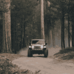 Gray Jeep Wrangler driving on a tree-lined dirt road with a dust trail behind it.