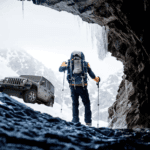 Man hiking in the snow with a Jeep Wrangler parked in the background
