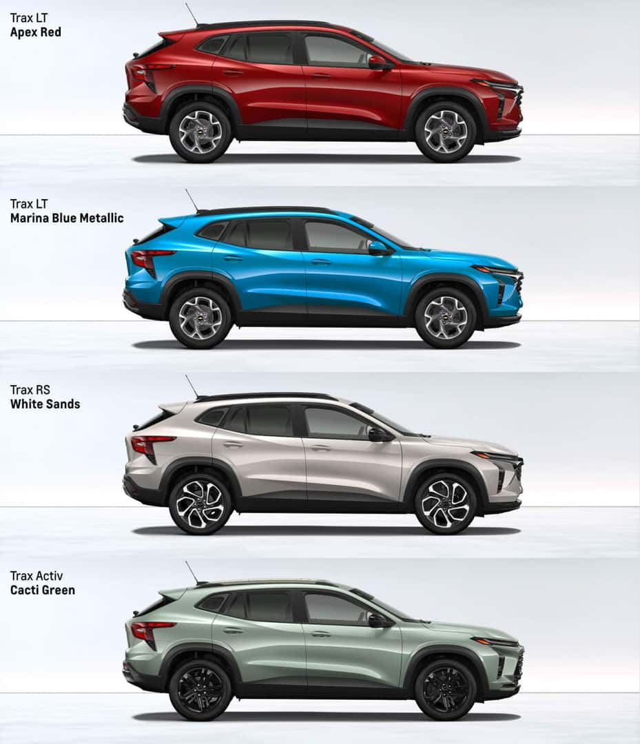 Chevy Trax Colors: Apex Red, Marina Blue Metallic, White Sands, Cacti Green