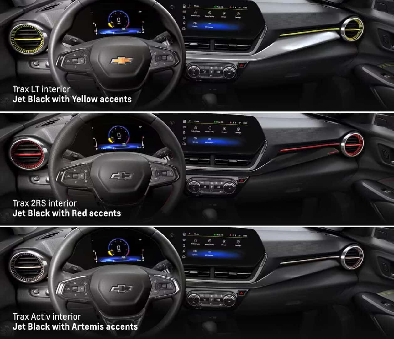 Chevy Trax Interior Colors: Jet Black with yellow, red or artemis accents