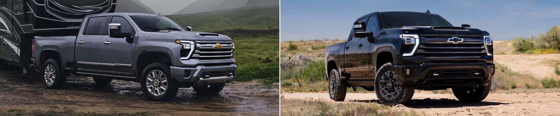 A grey and a black 2025 Chevy Silverado 2500 HD trim comparison