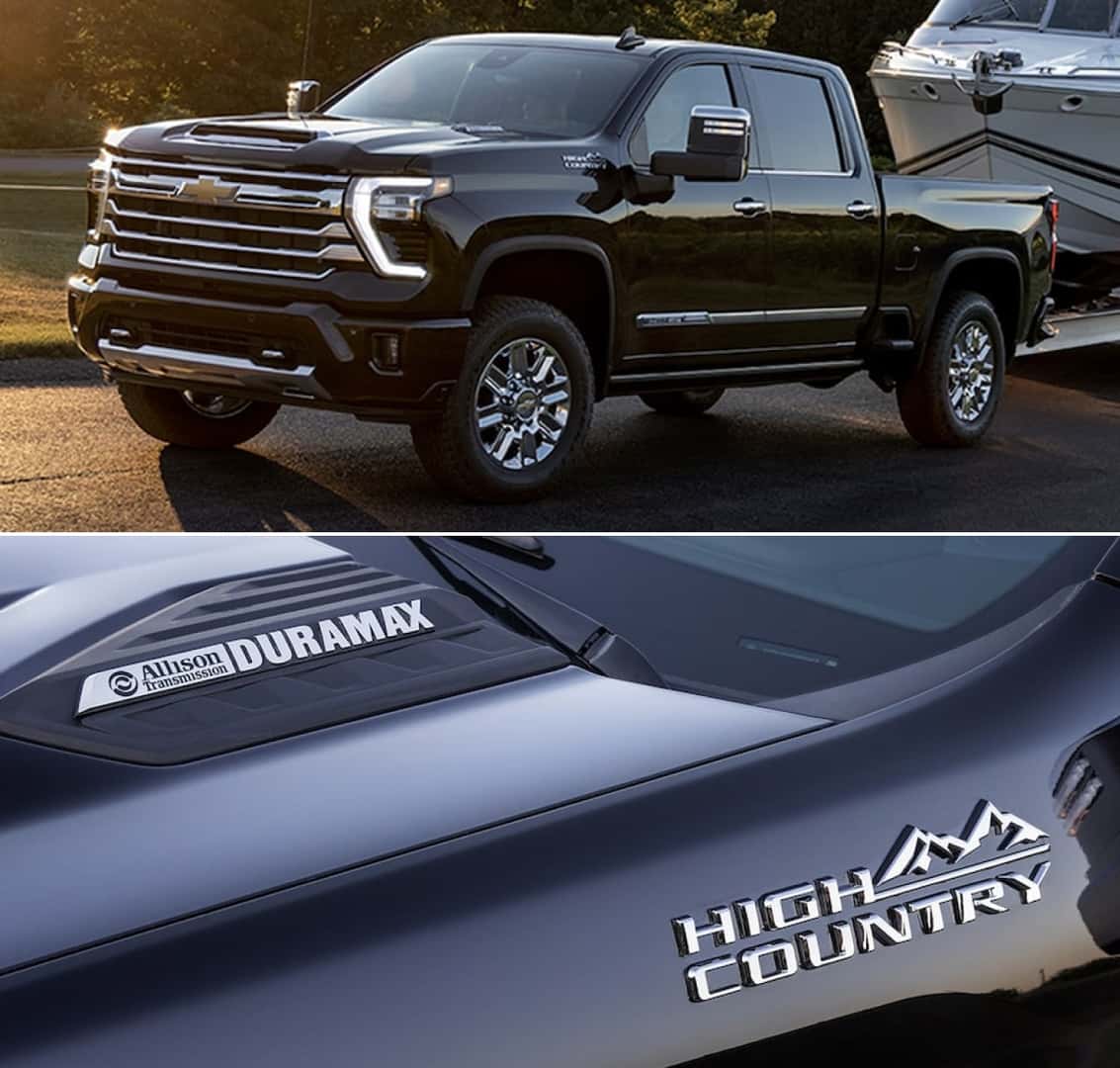 Black 2024 Chevy Silverado 2500 HD High Country towing a boat
