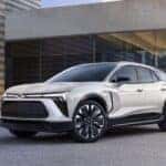 A white 2024 Chevy Blazer EV is shown from the front at an angle.
