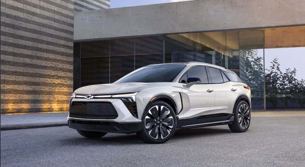 A white 2024 Chevy Blazer EV is shown from the front at an angle.