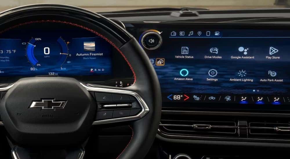 A close-up of the steering and dash are shown in a 2025 Chevy Equinox EV.