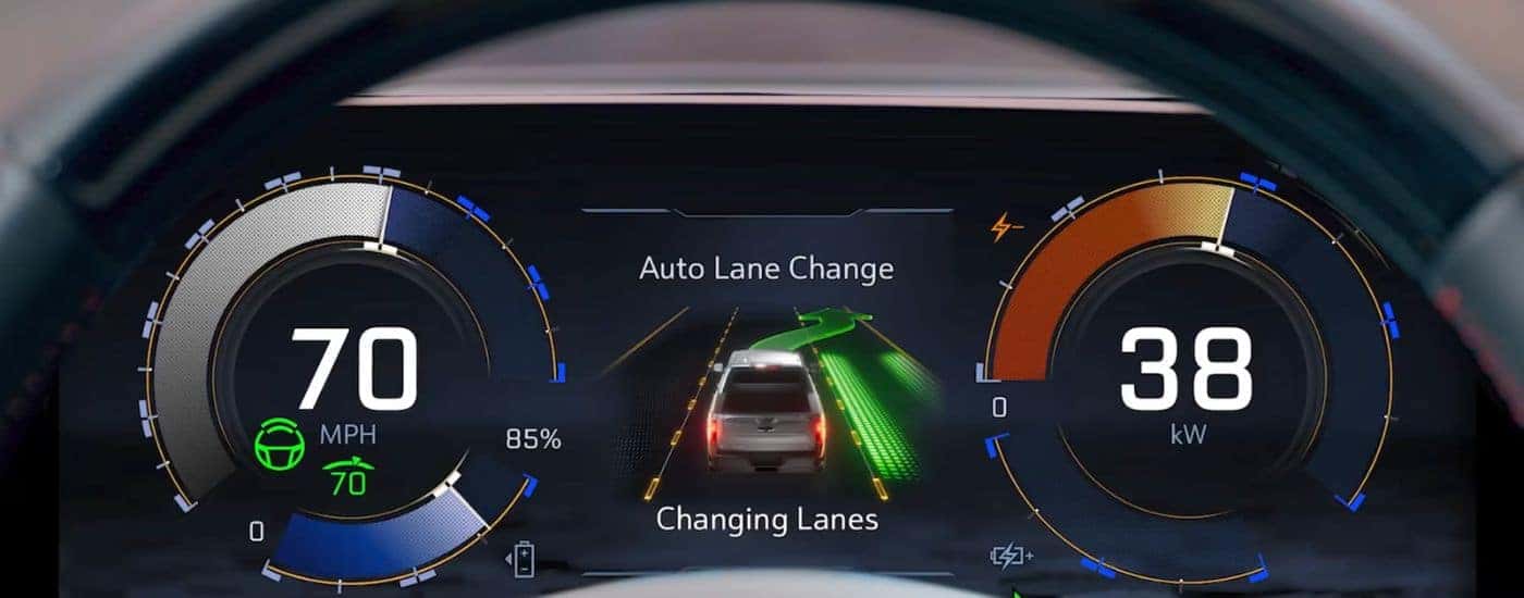Close-up of the digital instrument cluster in a 2025 Chevy Silverado EV for sale.
