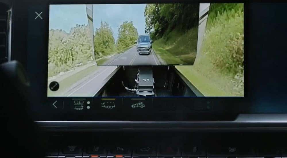 The trailering cam is shown on the infotainment center in a 2025 Chevy Silverado 3500 for sale.