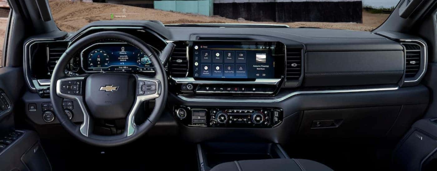 The black interior of a 2025 Chevy Silverado 3500 HD is shown.