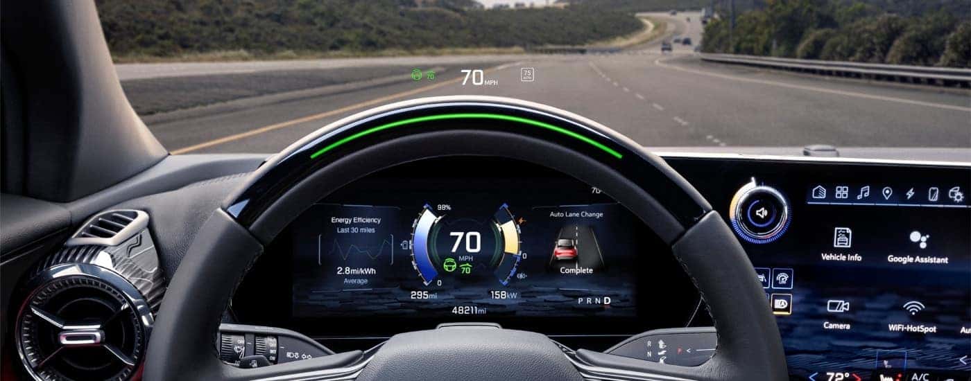 The heads up display and digital gauge in a 2025 Chevy Blazer EV.