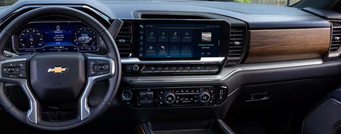 Close-up of the black dash in a 2025 Chevy Silverado 2500.