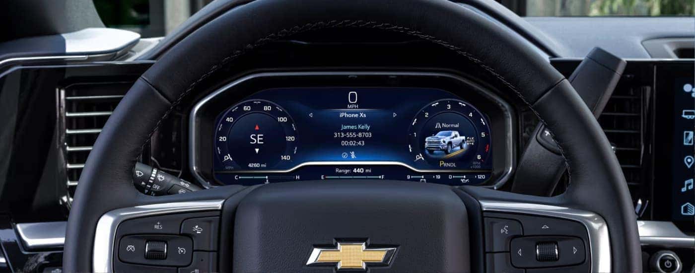 Close-up of the steering wheel on a 2025 Chevy Silverado 2500 for sale near Mechanicsville