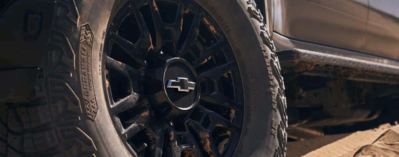 Close-up of a tire with rim on a 2025 Chevy Silverado 2500