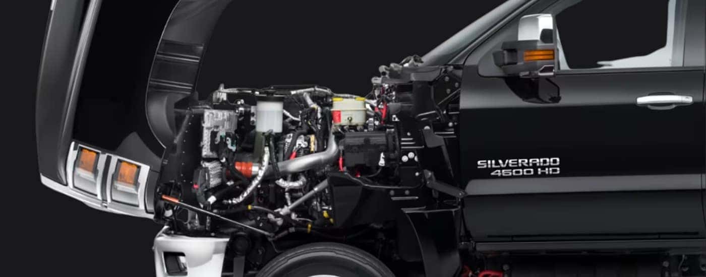 Close-up of the engine in a black 2025 Chevy Silverado 4500 for sale near Mechanicsville.